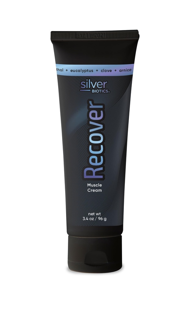 Silver Biotics Recover Muscle Cream | 20 ppm Patented Silver Solution | Arnica | Jojoba Oil | Camphor | Vitamin E | Silver Strong | 3.4oz