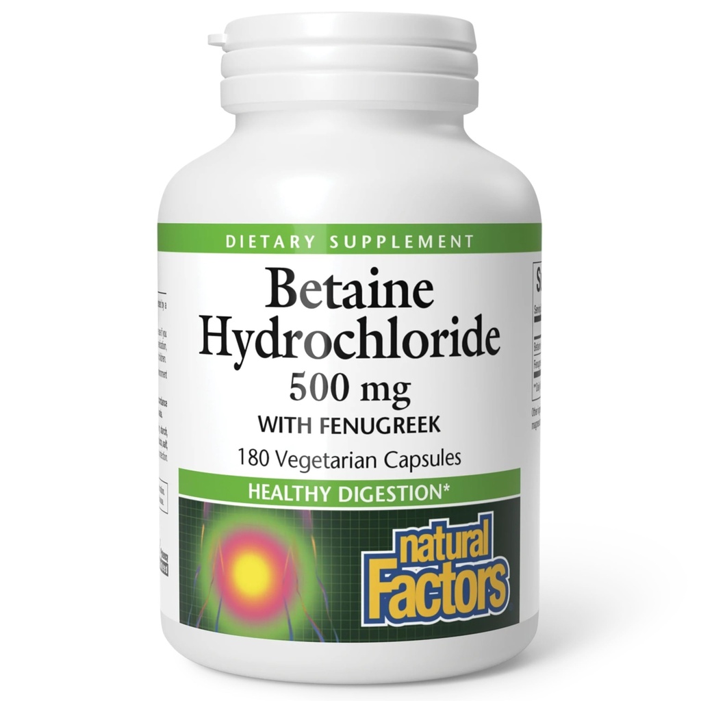 Natural Factors, Betaine HCL 500 mg, tukee terveellistä digestiota ja tervettä Microbiomea, 180 kapselia (180 annosta)