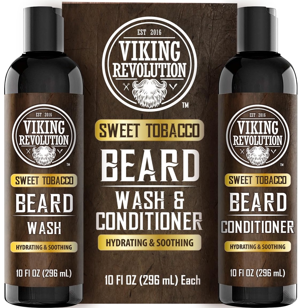 Viking Revolution Parta Pesu- ja partahoitoaine miehille Argan Oil ja Jojoba Oil - Parta Pehmentäjä ja vahvistaa Parta hoito Parta Shampoo ja hoitoaine partaöljy (10oz, makea tupakka)