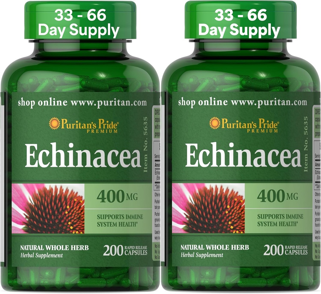 Puritan's Pride Premium Echinacea Natural Herb Herbal Supplement 400mg, Ravintolisä terveyden, immuunijärjestelmän tuki, 200 Nopea julkaisu kapselit, 2 pakkaus