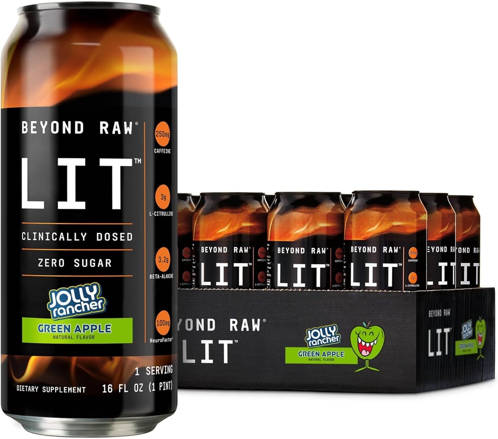 Beyond Raw LIT Valmiina juomaan Pre Treout, Jolly Rancher Green Apple, energia, Focus, Intensity ja Pumps, Typpioksidi Boost, Zero Sugar, 250mg kofeiini Beta Alanine, 12 Cans