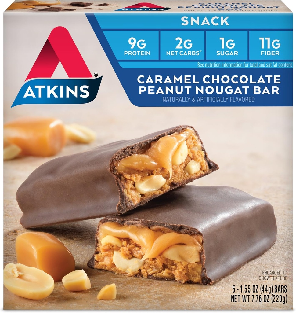 Atkins Caramel Chocolate Peanut Nougat Välipala Bar, Proteiini Välipala, Korkea kuitu, 2g sokeria, Keto Friendly, 5 Count
