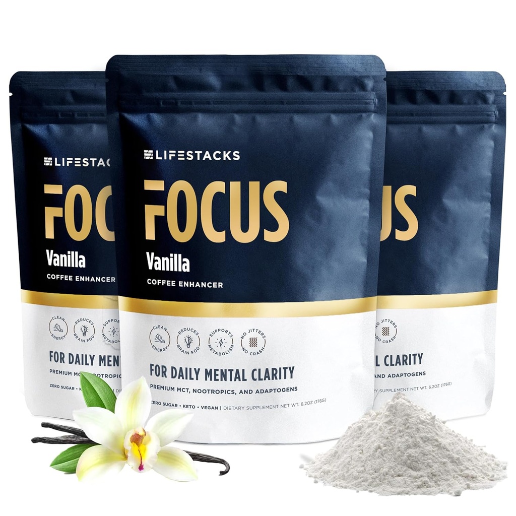 Vanilla MCT Oil 3-pakkaus - Boost Energy & Clarity - MCT Powder + Nootropic + Adaptogens for an Experience - Keto, Vegan, 0 sokeria - kanssa Tauriini, L-tyrosiini, Rhodiola & More