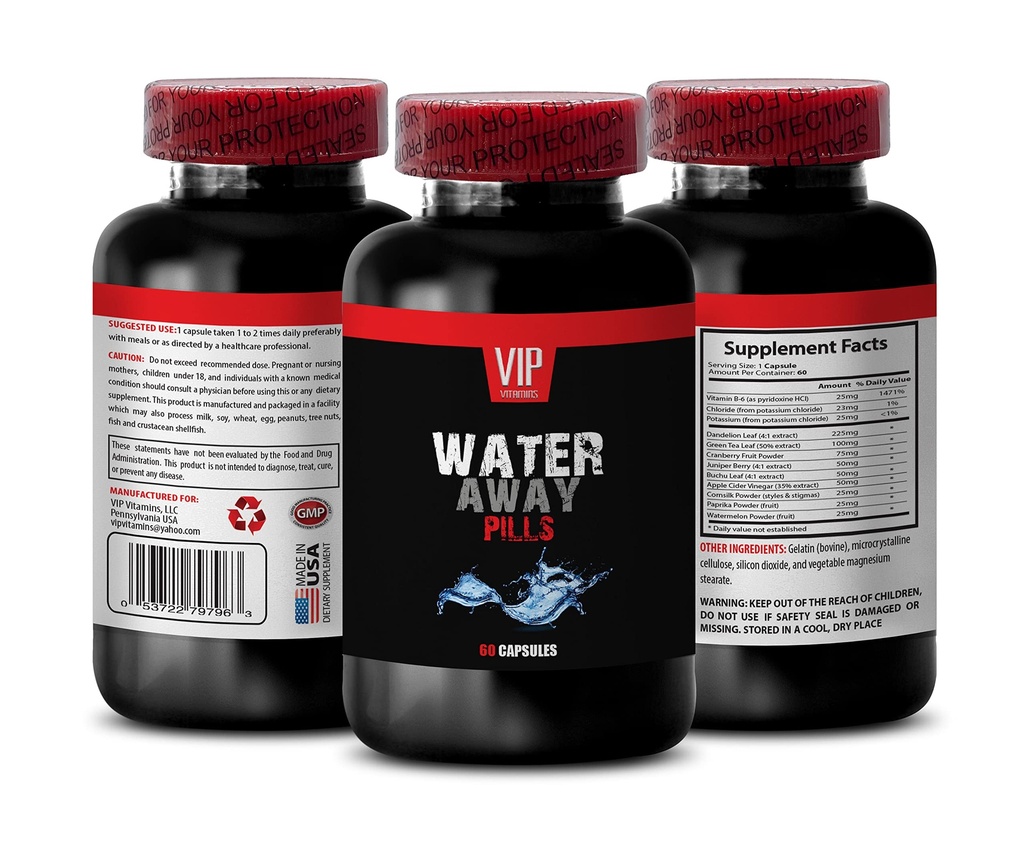 Urinvägsstöd - WATER AWAY DIURETIC PILLS - Watermelon, Dandelion, Paprika, Potassium, diuretika för vattenretention i ben och fötter, diuretika vattenpiller, diuretiska tillskott, 1B 60 Caps