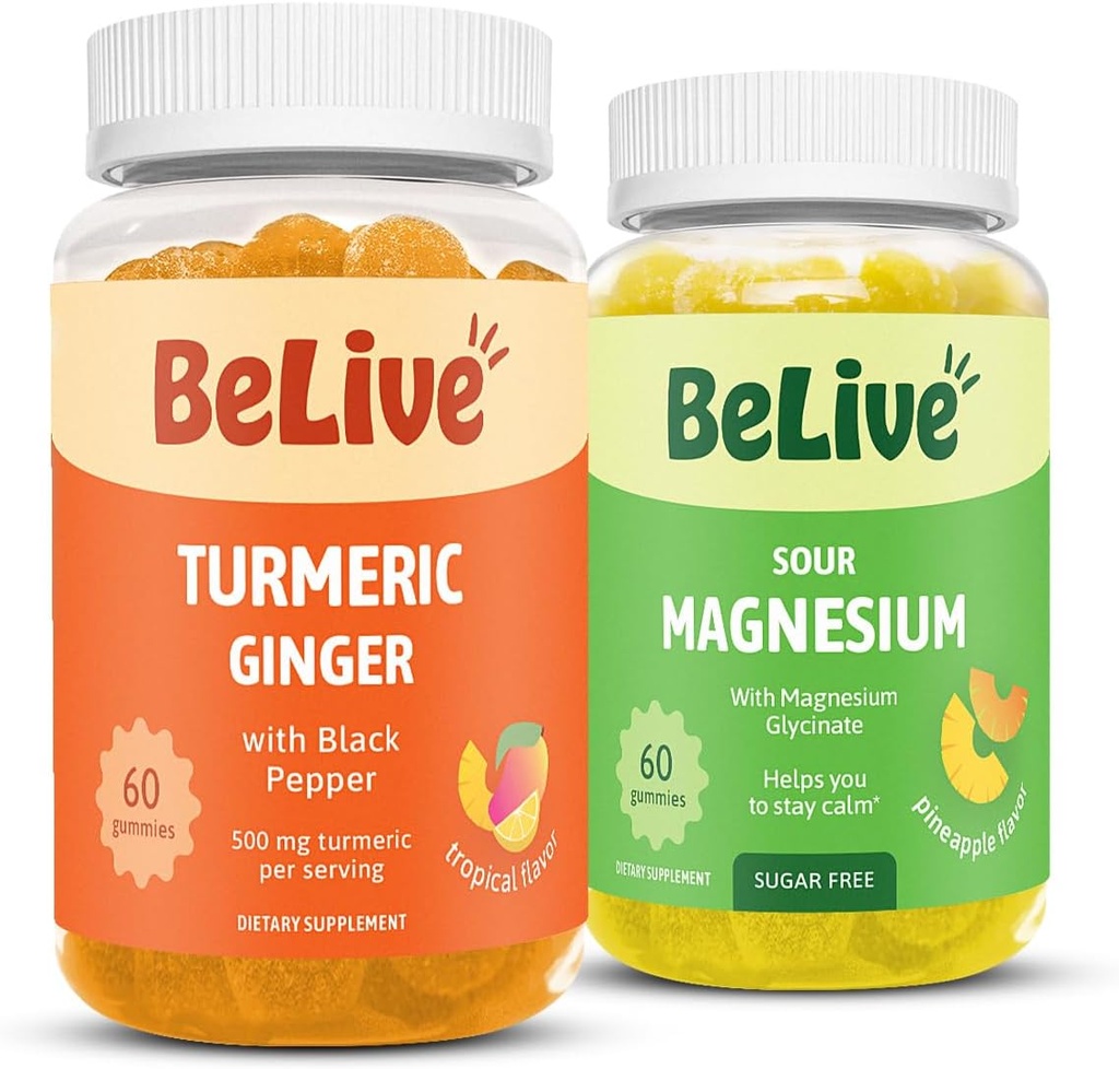 BeLive Bundle Magnesium ja Turmeric Gummies rentoutumista, unta, inmune tukea ja liikkuvuutta tukea
