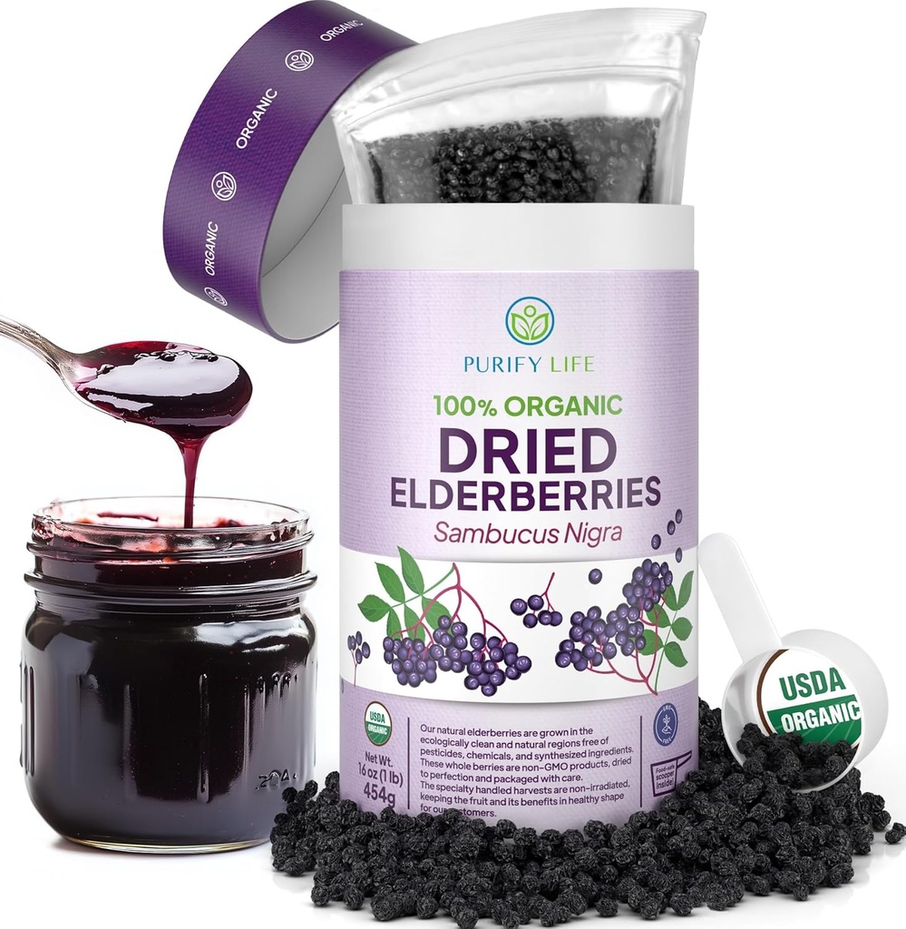 USDA Organic kuivattuja vaniljaa 1lb Bulk (Safest Packag, Resealable Bag, BPA-free Scoop) Luonnollinen, säteilyttämätön, Raw Koko musta vanilja, Immuunituki, Sambucus Elderberry Syrup, 1 punta