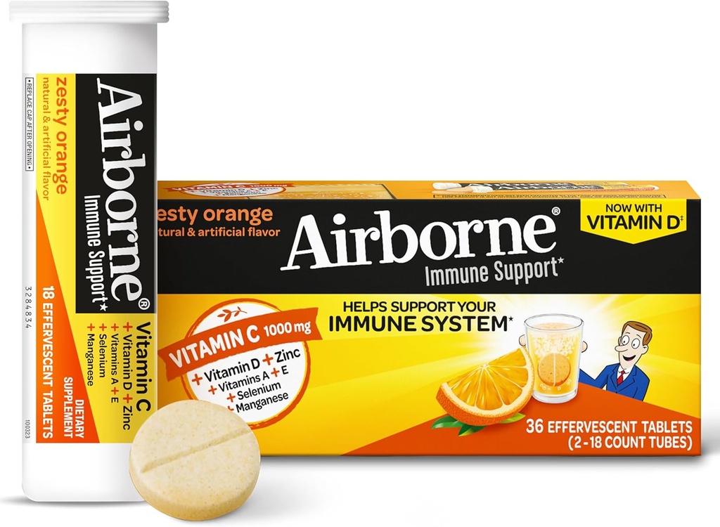 Vitamin C 1000mg (per portion) - Airborne Zesty Orange Effervescent Tablets (36 räknas i en låda), Gluten-Free Immune Support Supplement med vitamin A C E, ZINC, Selenium, Echinacea & Ginger