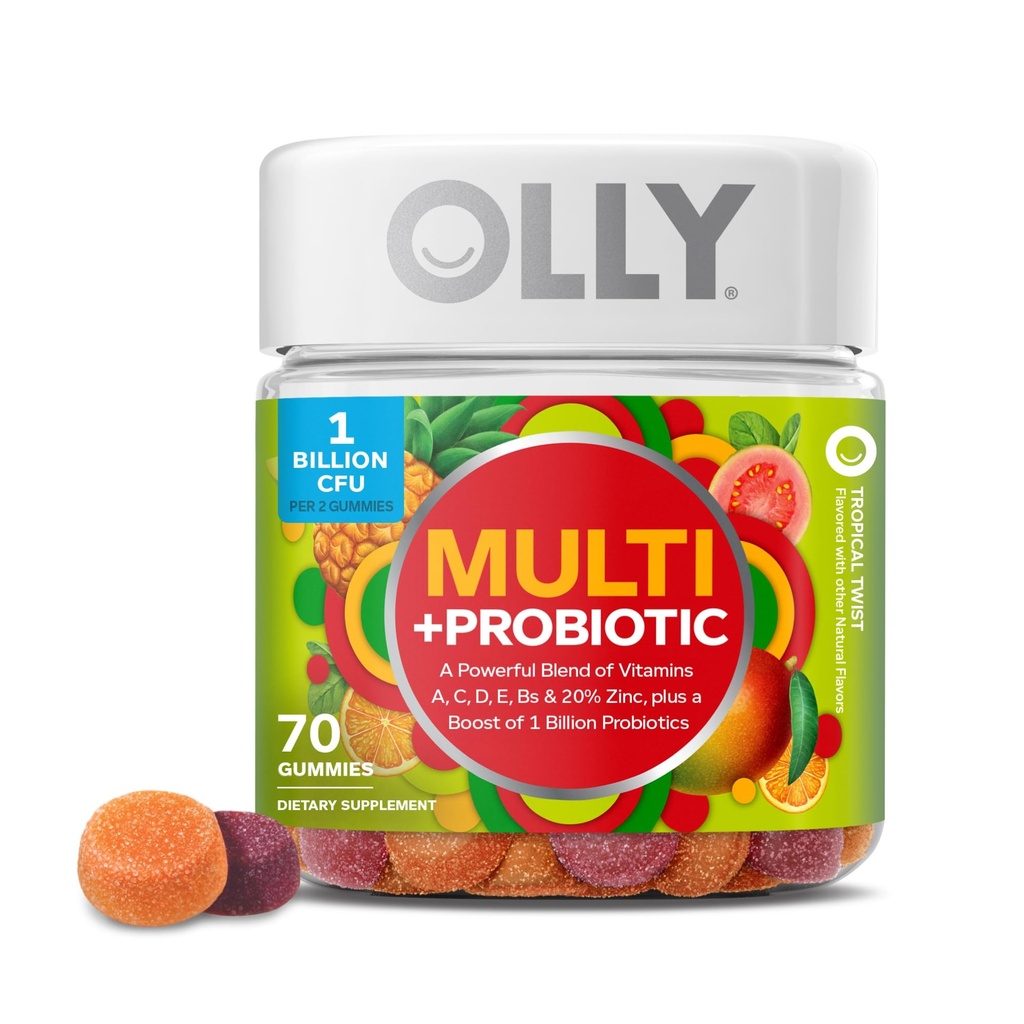 OLLY Multi + probiootti aikuisten monivitamiinia, digestiivinen ja immuunijärjestelmän tuki, * purutabletti, trooppinen maku, 35 päivän tarjonta - 70