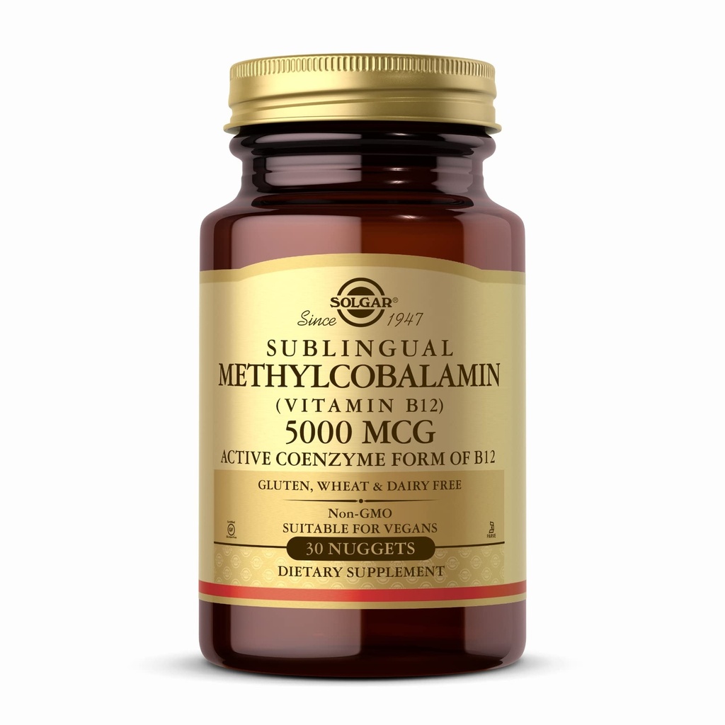 Solgar Methylcobalamiini (Vitamin B12) 5000 mikrog, 30 niggets - Cherry Flavor - Tukee energian aineenvaihduntaa - Body-Ready, Active Form - Ei-GMO, Vegan, Gluteenittomat - 30 tarjoilua