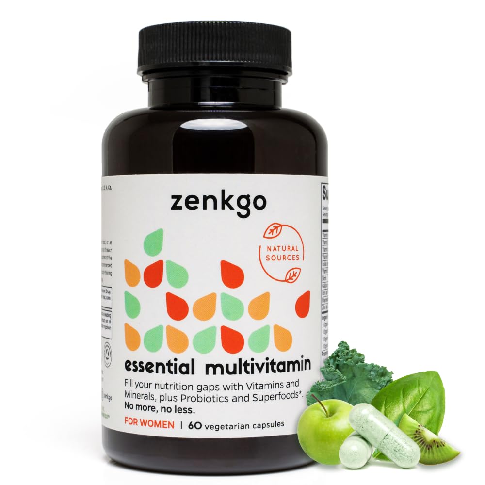 Zenkgo Multivitamins + Organic Whole Foods + Probiotika för kvinnor, stöder immunitet, matsmältning, energi, tarmhälsa, vitamin A, E, B6, B12, Vegan D3, K2 (MK-7), folat, mineraler, superfoods (60Ct / 30Day)
