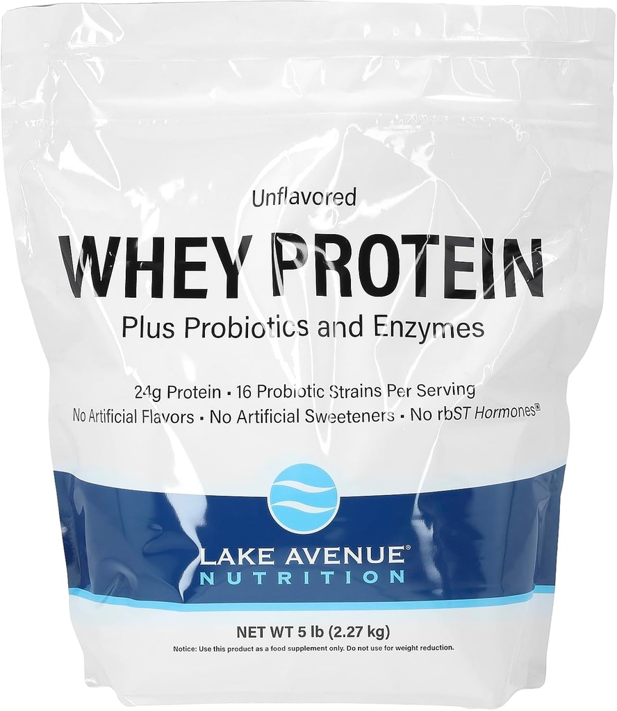 Lake Avenue Nutrition Whey Protein Plus Probiootit ja Entsyymit, Mauttomat, 5 lb (2,27 kg)