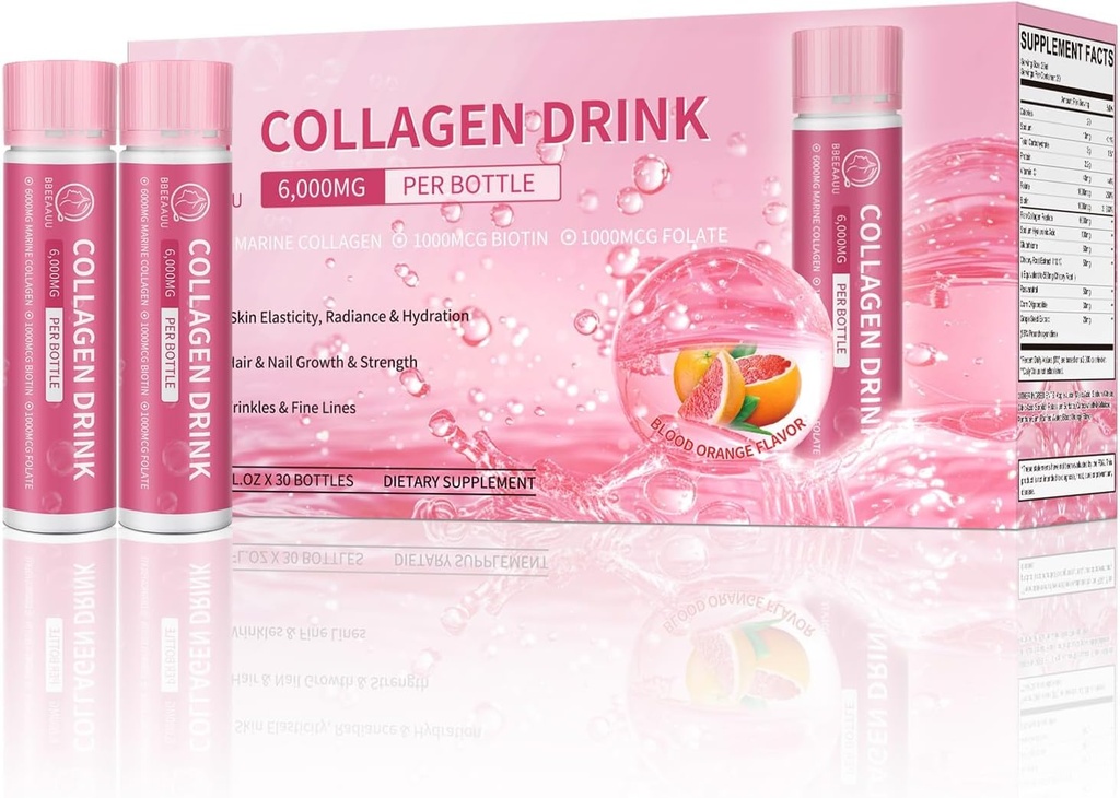 Collagen Juo 6000 mg Marine Collagen Peptides, Liquid Collagen Shots for Women Support Kauneus, Kollageeni täydentää ihon, hiusten ja kynsien hyvinvointi, 0,85 Fl.Oz(25 ml) x30 pullot, Blood Orange
