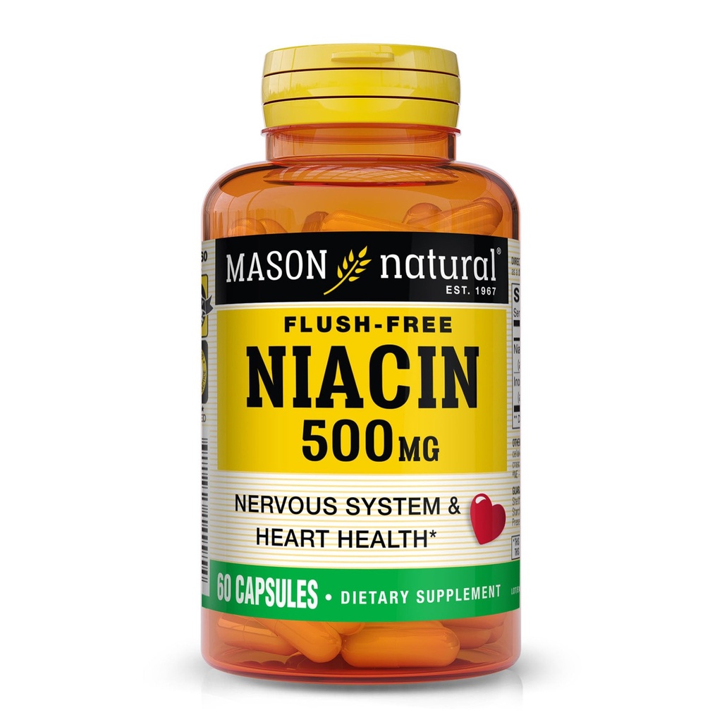 MASON NATURAL Niacin 500 mg Flush-free, tukee sydämen terveyttä, hermostoa ja energian tuotantoa, 60 kapselia
