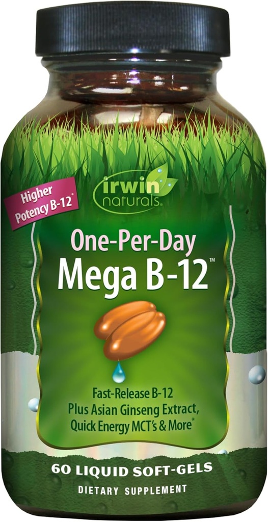 Irwin Naturals Mega B-Complex - 60 Liquid Softgels - B-vitamiinikompleksi B12, Folaatti B9, Biotiini B7, B1, B2, B3, B5, B6 ja Quick Energy MCTs