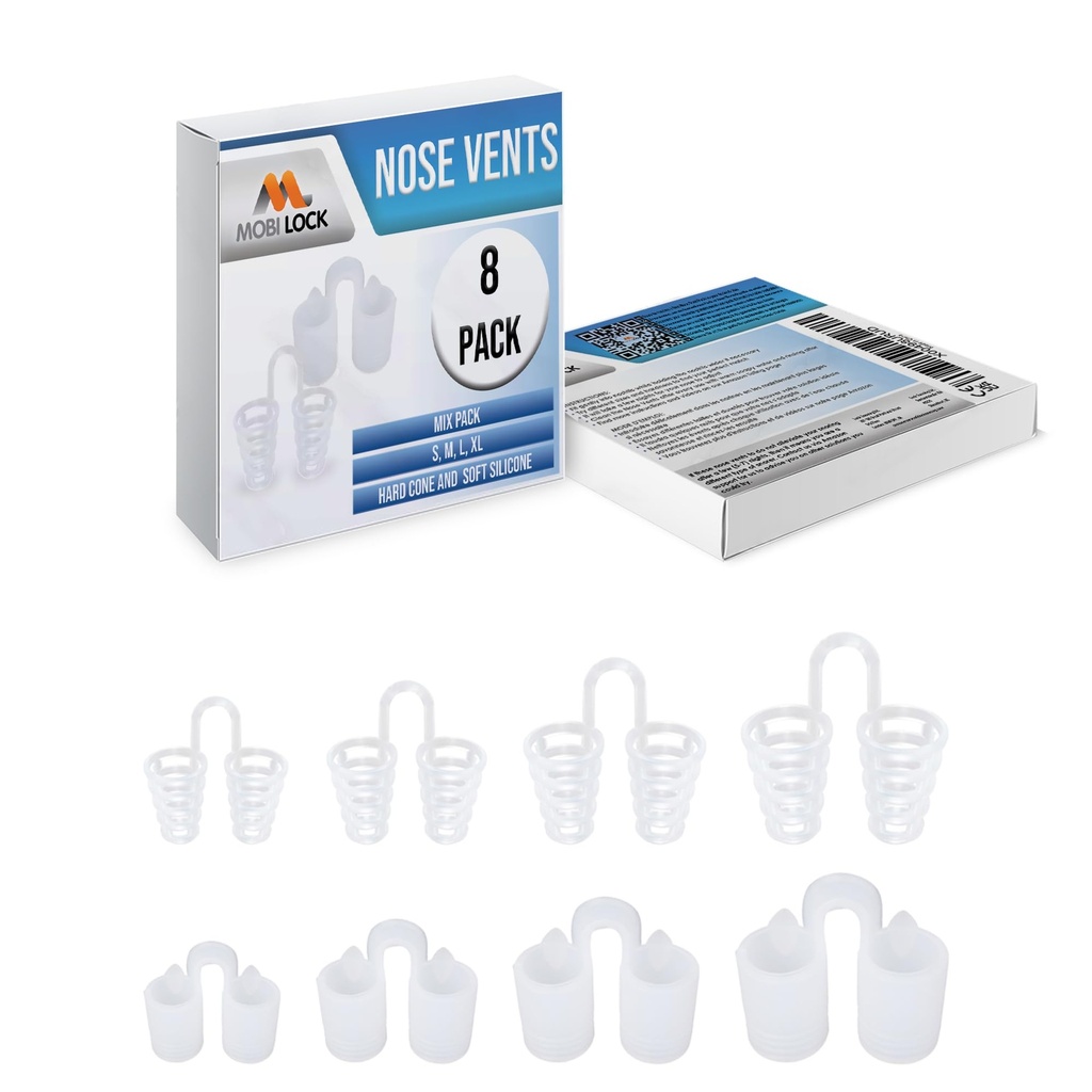 Nenä Vent Sinus Relief Dilator (Pack of 8 Eri kokoa) - Yksinkertainen ratkaisu Nasal Snorers - Uudelleen kuorsauslaite Nauti rauhallinen yöunet - Mobi Lock