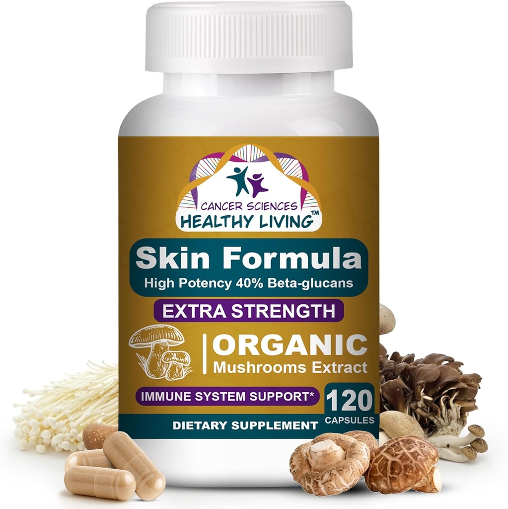 Cancer Sciences Skin Wellness Supplement, USDA Certified Organic Extract Sienet täydentää, extra vahvuus 1 500 mg, korkea teho 40% Beta-Glucans, immuuni tuki, hehkuva Complexion 120 kapselia