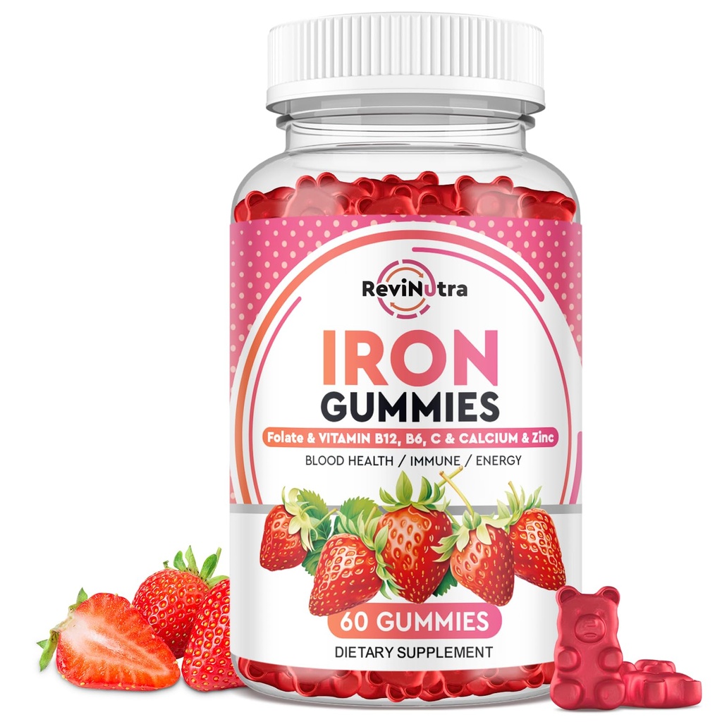 Iron Gummies - med Calcium, Zink, Folate & Vitamin B12, C, B6 för vuxna och barn - Blodbyggare och energistöd för järnbrist, Anemi, Vegan - 60 Gummies