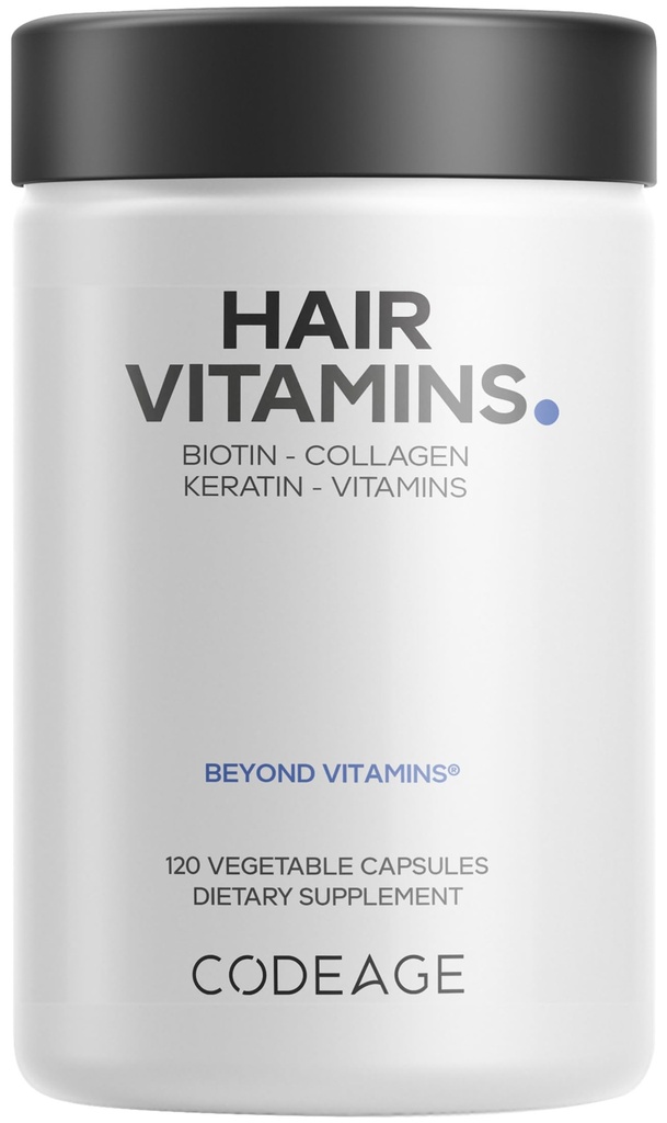 Codeage Hair Vitamins 10000 mcg Biotin, Keratin, Collagen, Vitamin A, B12, C, D3, E, Zink, Gurkmeja, Probiotika, Enzymer, Inositol - Hårvårdssupport - Hälsosam hårtillskottspiller - 120 kapslar