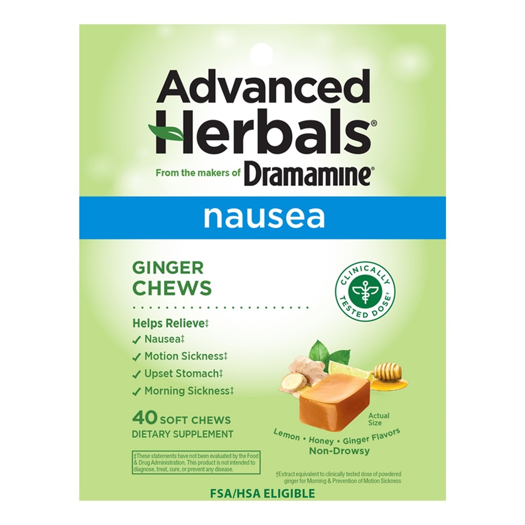 The Makers of Dramamine, Advanced Herbals, Ginger Chews, Pahoinvointia helpottava pehmeä Chews Lemon-Honey-Ginger, 40 Count