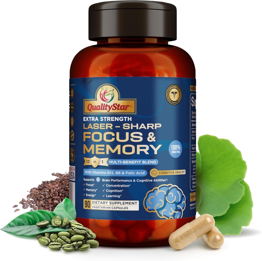 Focus and Memory Vitamiineja, 13-in1 Multi-Benefit Blend for Cognitive and Brain Health, Muistilisä aivoihin, 90 Kasvissyöjä Kapselit
