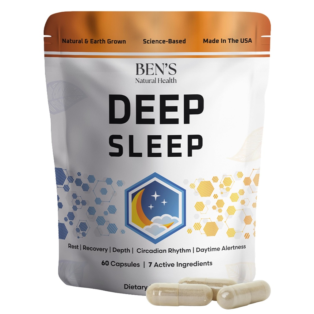 Ben's Natural Health Deep Sleep Support Supplement, Melatoniini, Valerian, Kamomilla ja Lavender, 30 kapselia