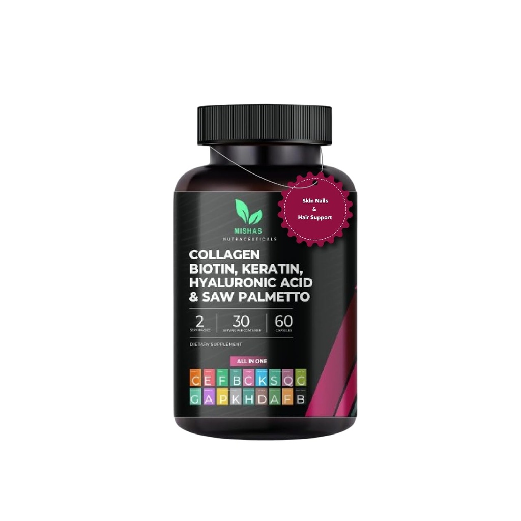 Multi Collagen hiuspillerit - Biotiini 10 000 mikrog, Keratin & Hyaluronic Acid - hiusten kasvu - hiusten iho ja kynnet Vitamiinit & DHT Blocker - E-vitamiini Foolihappo kurpitsa siemen MSM, Saw Palmetto 60 Vegaani kapselit