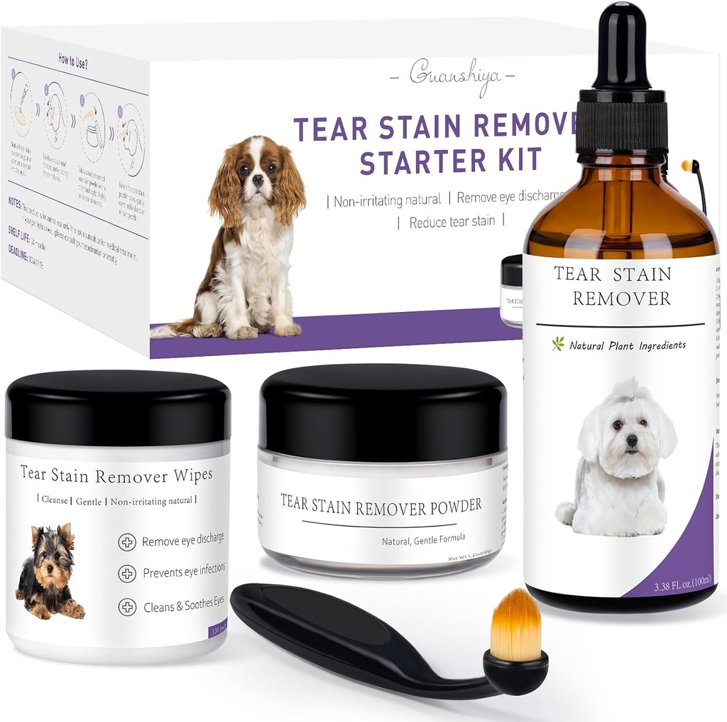 Dog Tear Stain Remover Starter Kit, Witch Hazel Extract, Poista Kyynel Stains, vastuuvapauden ja liman, sisältää Stain Solution, Applicator Wipes, Stain Powder & Harja, Kestää 30-45 päivää
