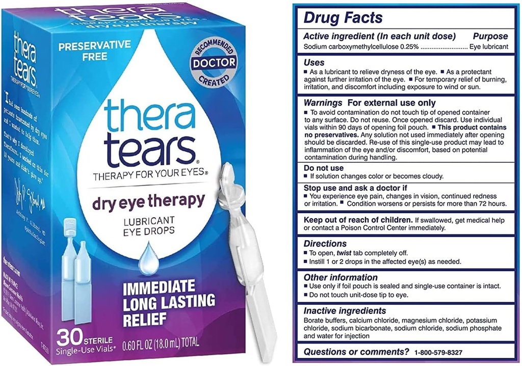 TheraTears Dry Eye Therapy Voitelu silmätipat kuiviin silmiin, säilöntäaineettomia silmätippoja, 30 kertakäyttöistä injektiopulloa (3 pakkaus)