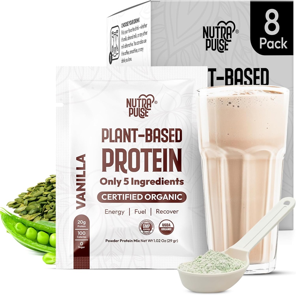 Organic Vegan Protein Powder Sample Pack - Kasviperäistä proteiinia, gluteeniton, ei GMO, 20g Protein Per Serving, Great for Smoothies & Shakes (Vanilla, pakkaus 8)