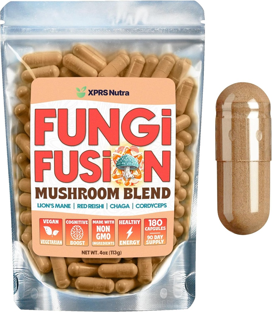 XPRS Nutra Fungi Fusion Mushroom Blend Capsules - 180 Count (90 Day Supply) Premium Blend av Lion's Mane, Reishi, Chaga, Cordyceps Capsules för att stödja mental klarhet, kognition, energi och immunitet