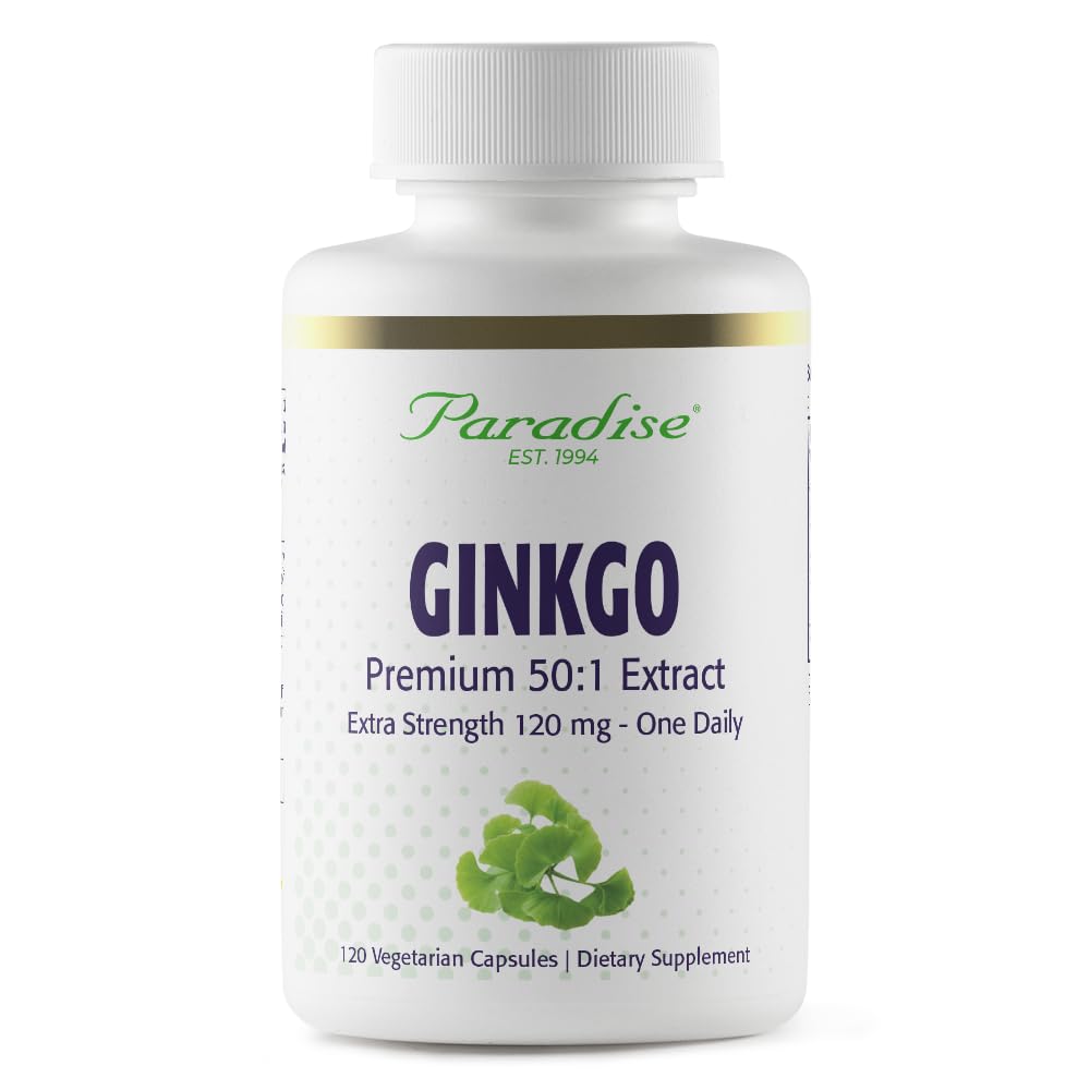 Paradise Yrtit Ginkgo Biloba Extract, Super Potent, Ultra Pure, Vegan, Non GMO, Gluteeniton, 120 kasvissyöjän kapselit