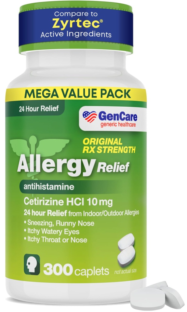 GenCare - Setiritsiini HCL 10 mg (300 Caplets) - 24 tuntia Allergia Relief Pillerit - Non Drowsy Generic OTC Allergia Lääkkeet - Antihistamiini Lääke Aivasteluun, Runny Nenä ja kutina Silmät - Geneerinen Zyrtc