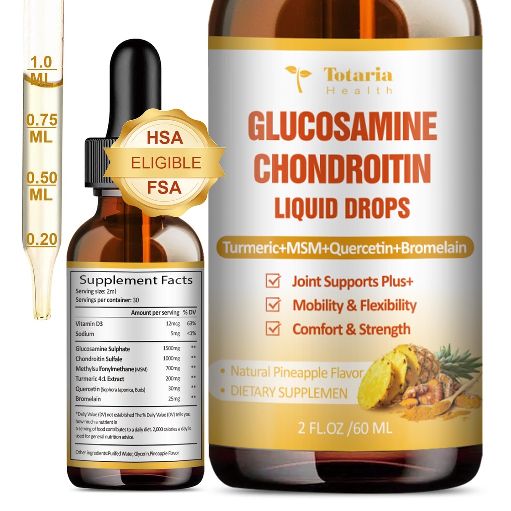 Glukosamiini Chondroitin MSM Liquid Drops FSA-HSA - Joint Support Supplement for Mobility, Joustavuus & Bones Chondroitin Sulfate Supplement Turmeric, Quercetin, Bromelain, MSM Oil 2 FL.OZ
