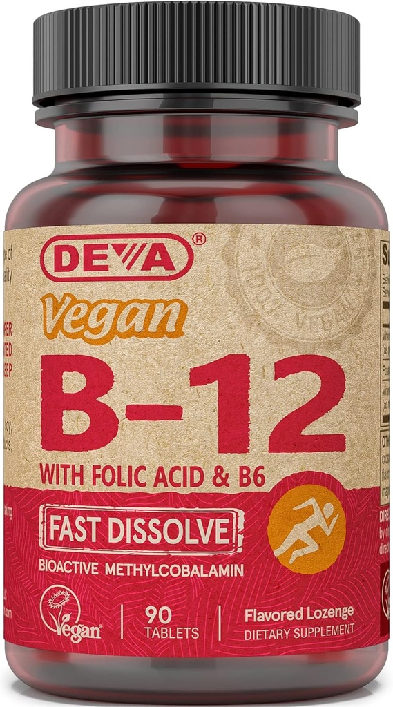 Deva Vegaani B12-vitamiinin nopea liuotus täydentää - kerran päivässä Complex 1000 Mcg Methylcobalamiini B12, Folic Acid, B6 - sitruunan maku - 90 liukenevat tabletit, 1-pakkaus
