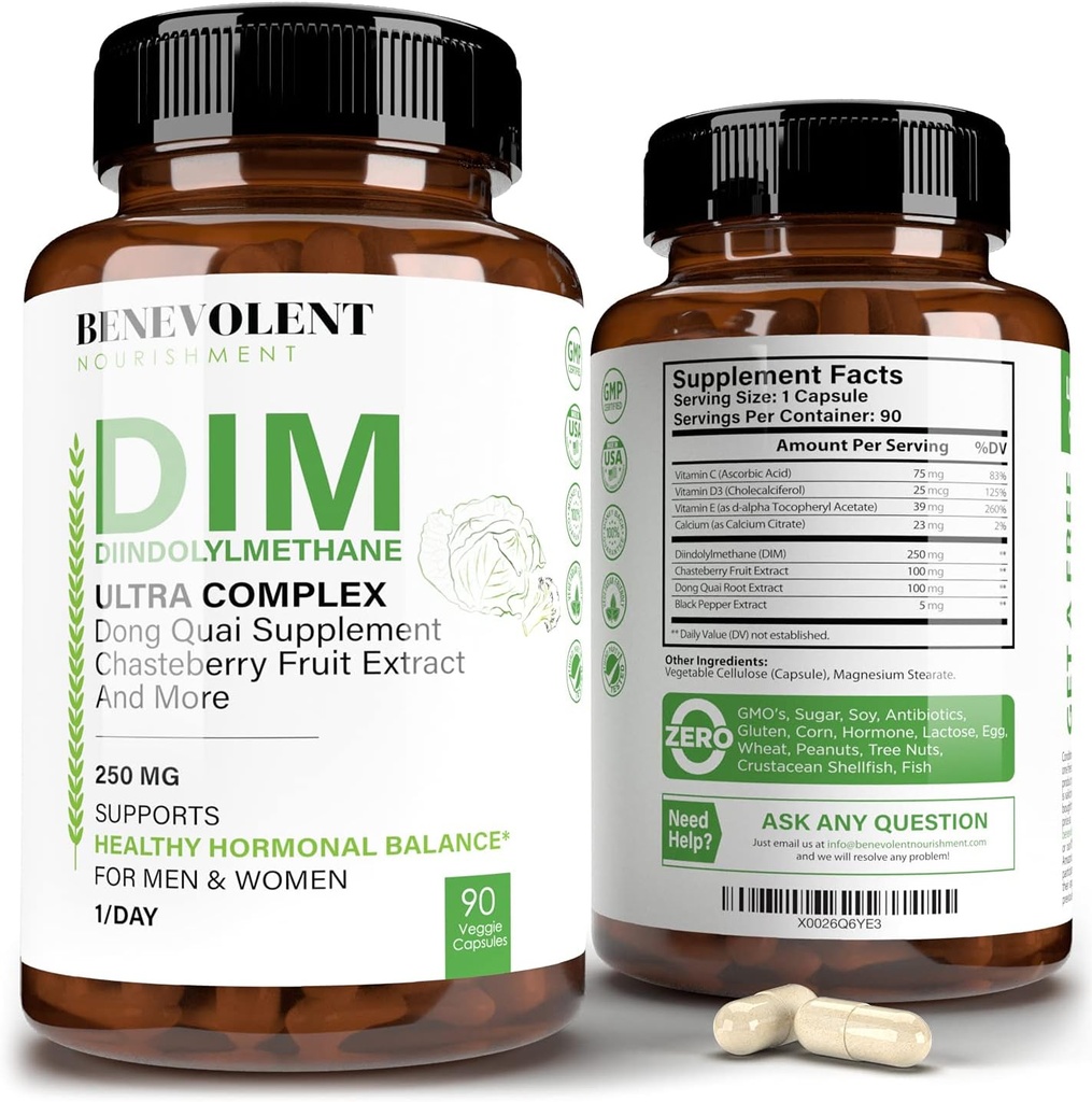 Hieno ravinto Maximum Strength DIM Supplement 250mg ... 90 Vcaps Diindolyylimetaani Ultra Complex Plus Chasteberry, Dong Quai Extract + More