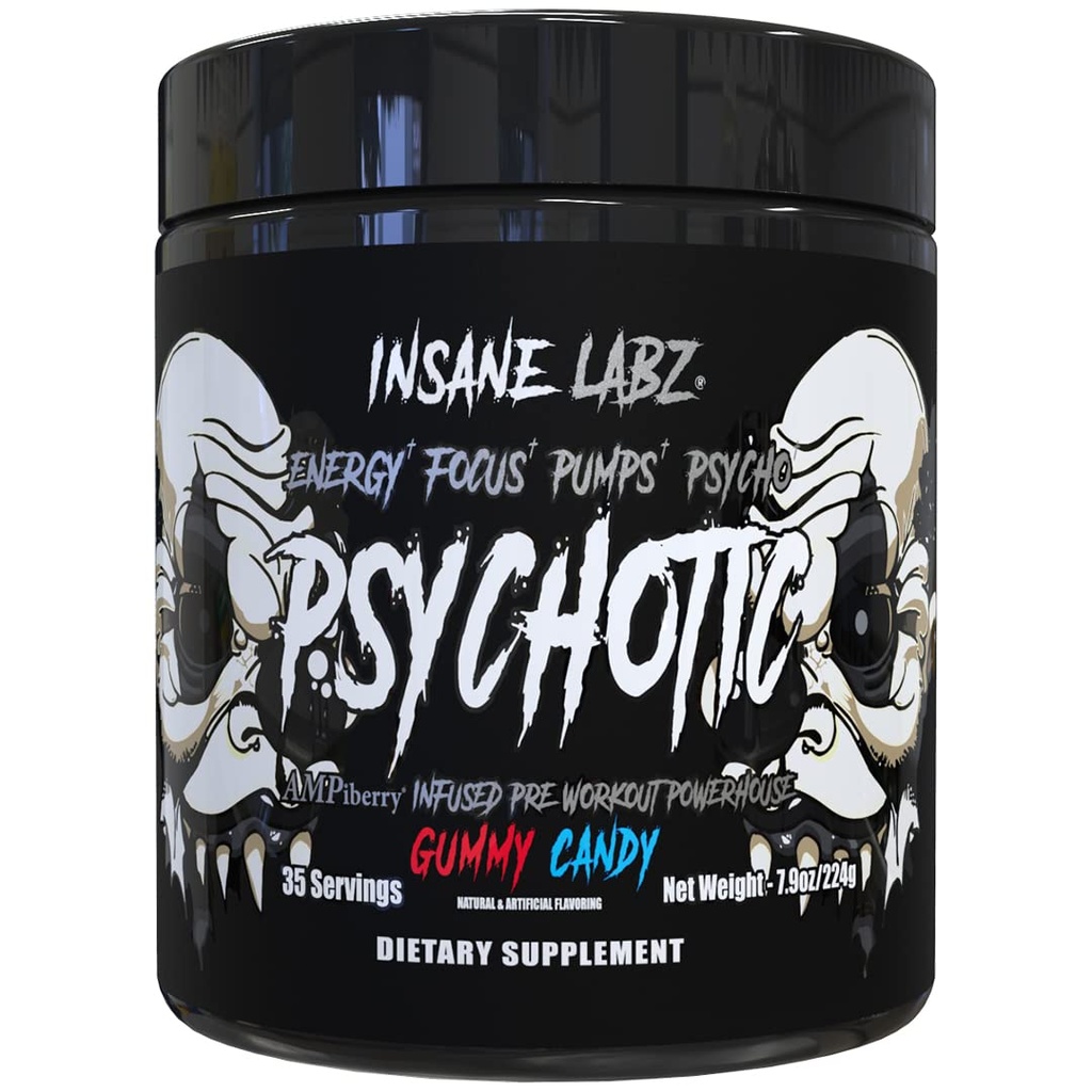 Insane Labz Psykotic Black Edition Mid Stimulant Pre Treenout Powder, Energy Focus Pumput, Ladattu Creatiini Beta Alanine Tauriini Polttoaineena AMPiberry, 35 Tarjoilut (Gummy Candy)