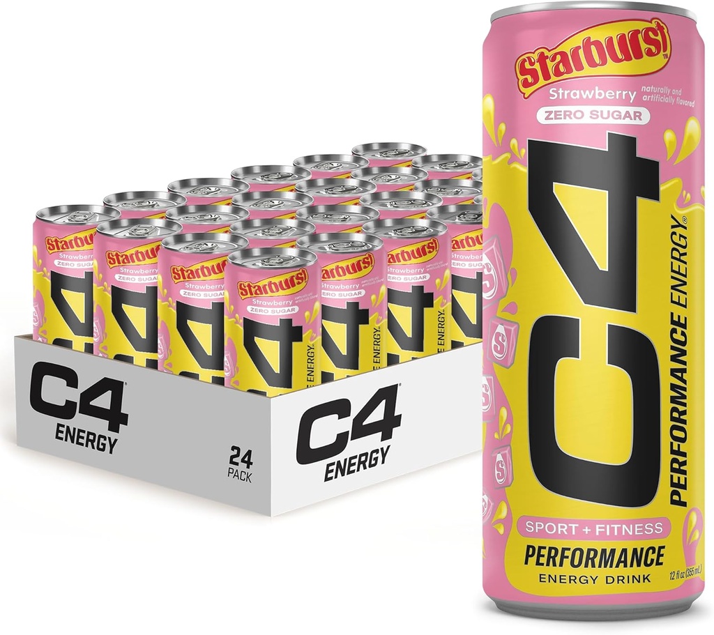 Cellucor C4 Performance Energy Drink | STARBURST Strawberry | Zero Sugar Carbonated Preworkout Energy | 200mg Koffein med Beta Alanine | 12 Fl Oz (24 Pack)