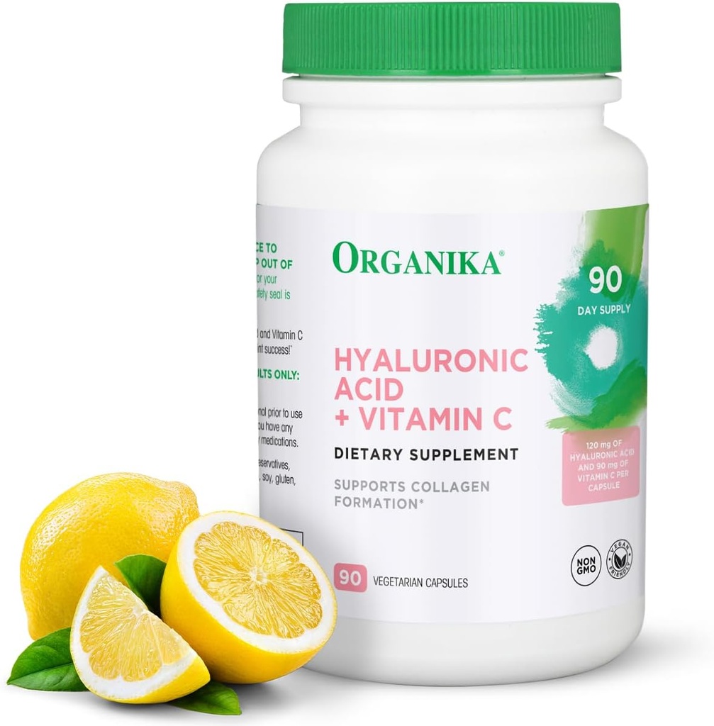 Organika Hyaluronic Acid Supplement ja C-vitamiini (90 Vihanneskapselia): Symioottinen Joint Wellness, Collagen, & Skin Hydration Powerhouse - Enhanced Hyaluronic Acid lisäravinteet liikkuvuutta ja kauneutta