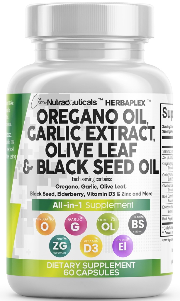 Clean Nutra Oregano Oil med Black Seed Oil Garlic Olive Leaf Extract - Olja av Oregano Capsules Immune Support Carvacrol & Thymoquinone Supplement för kvinnor och män + Elderberry Vitamin D3 & Zink