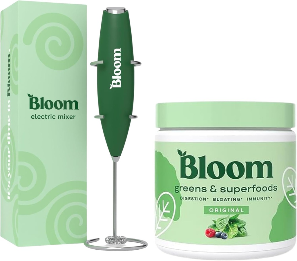Bloom Nutrition Superfood Greens Powder, Digestive Enzymes med Probiotika och Prebiotika, Gut Health, Bloating Relief, Original + Milk Frother High Powered Hand Mixer