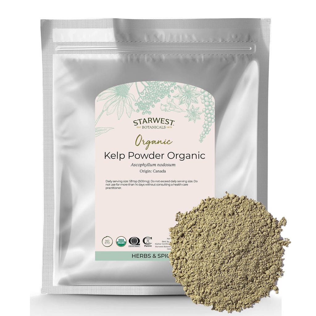 Starwest Kasvitieteet Organic Kelp Powder - Nutrient Rich, Natural Source of Jodi, Kalium, Magnesium, Sinkki, Rauta, & Kalsium, Certified Kosher, ei GMO - 16 oz Bag