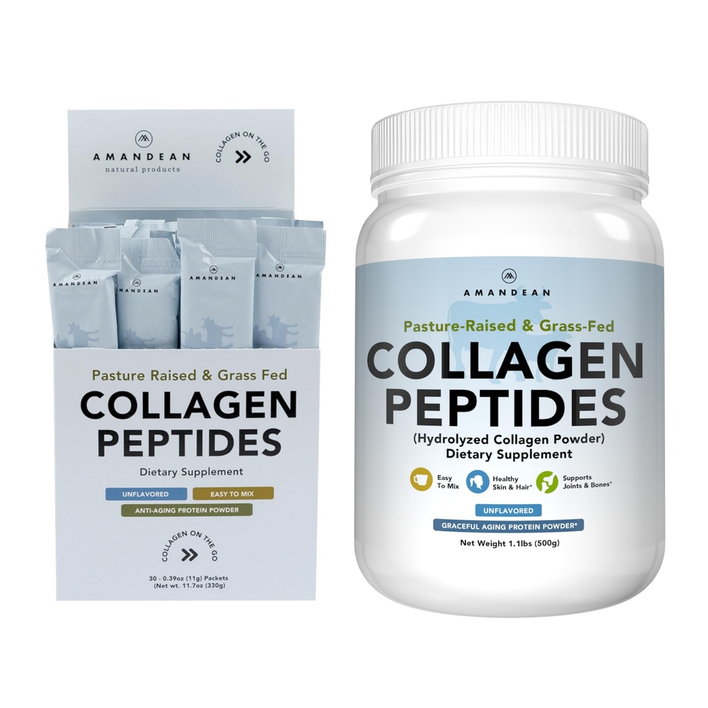 AMANDEAN Collagen Peptides Bundle. Ruoho-Fed, Entsymaattisesti hydrolysoitu, tyyppi 1 & 3. Proteiini 18 Aminohapot terveelle iholle, hiukset, kynnet. Helppo sekoittaa, maustettu, ei-GMO