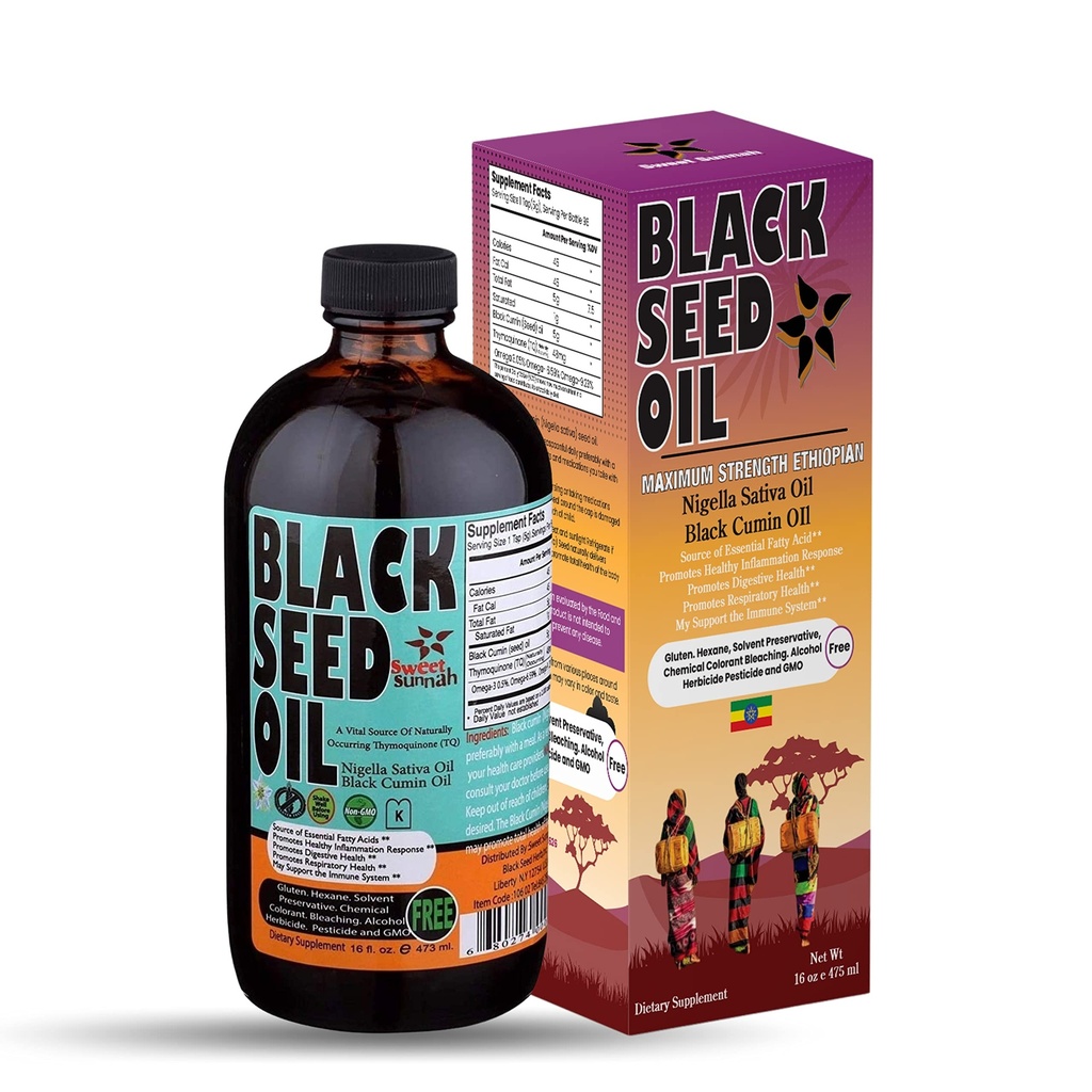 Etiopisk Black Seed Oil - 3,43% Thymoquinone Cold-Pressed Black Cumin Seed från Pure Nigella Sativa - First Pressing Blackseed Non-GMO förbättrad - 16 Oz Glass Bottle Sweet Sunnah