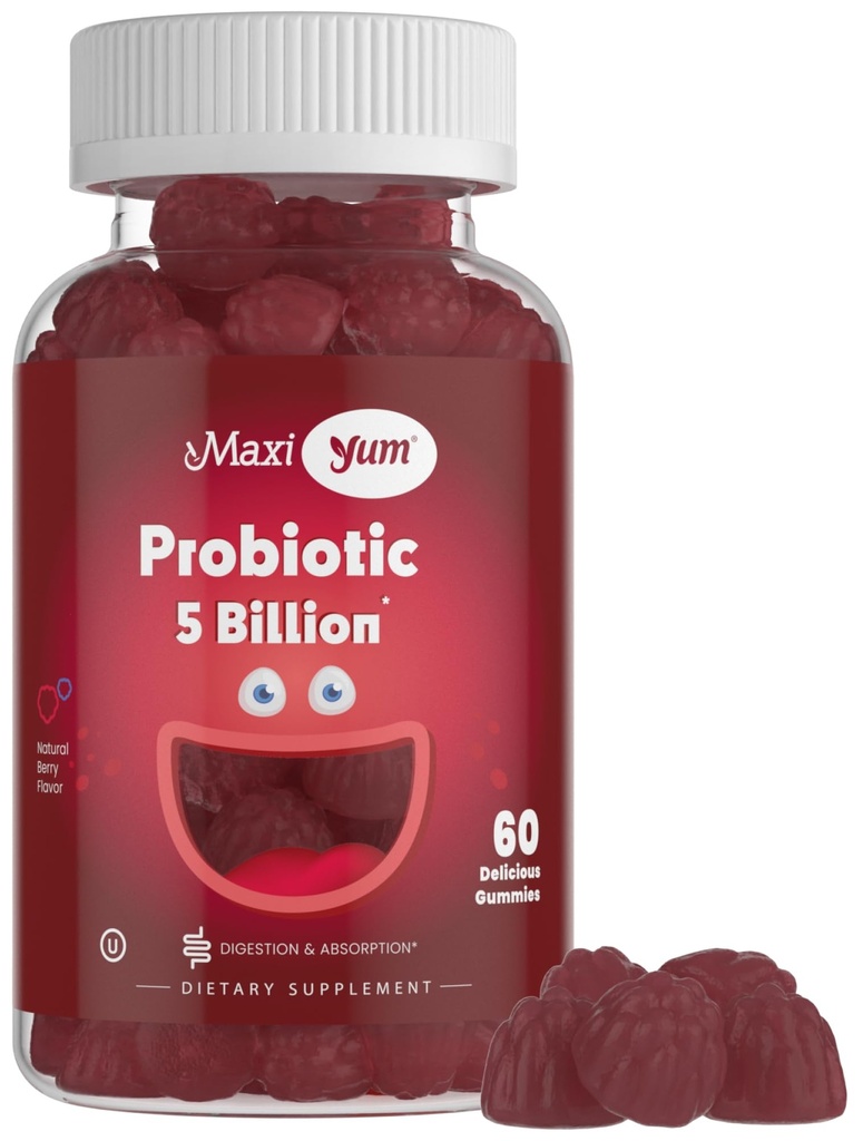 Maxi Health Yum, Probiotiska Gummies med 5 miljarder CFUs av Digestive Health Probiotics, Kosher Certified Natural Berry Flavor Gut Health Chewable Gummy Supplements för Män & Kvinnor, 60 Gummies