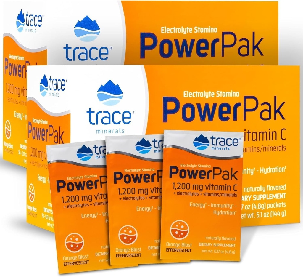 Trace Minerals | Power Pak Electrolyte Powder Packets | 1200 mg Vitamin C, Zink, Magnesium | Öka immunitet, Hydration och naturlig energi | Orange Blast | 60 Packets