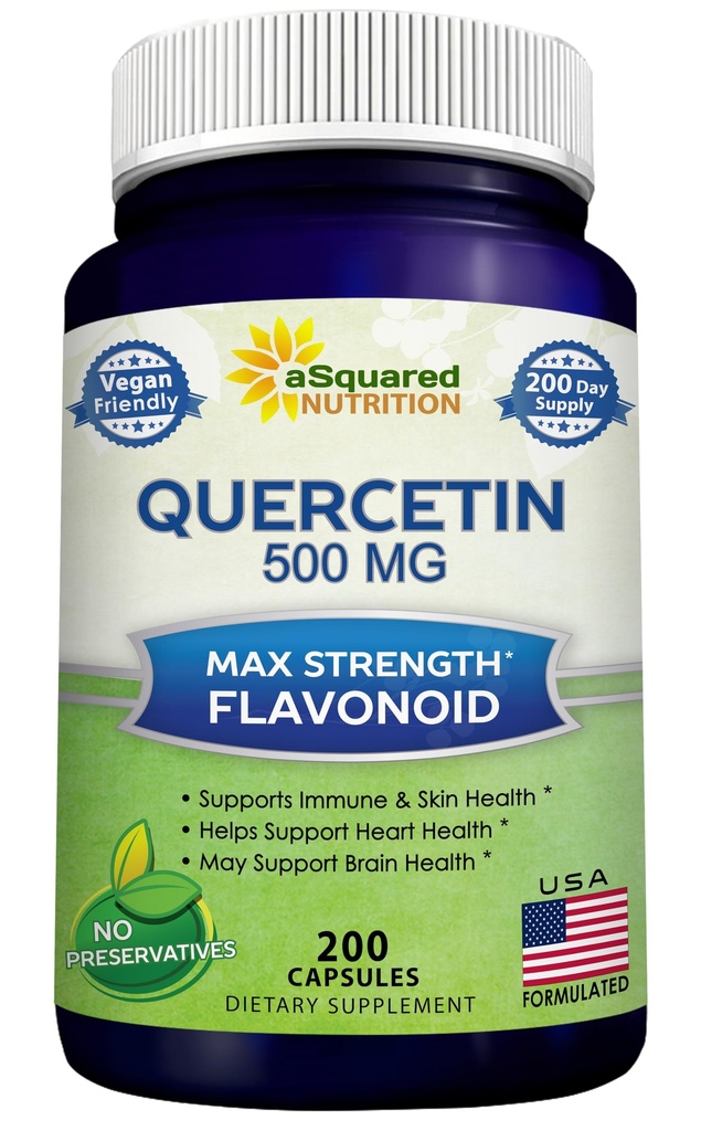aSquared Nutrition Quercetin 500 mg täydennysosa - 200 kapselia - Quercetin Dihydraatti tukemaan kardiovaskulaarista terveyttä - Max Strength Powder Complex pillereitä auttaa parantamaan immuunivastetta