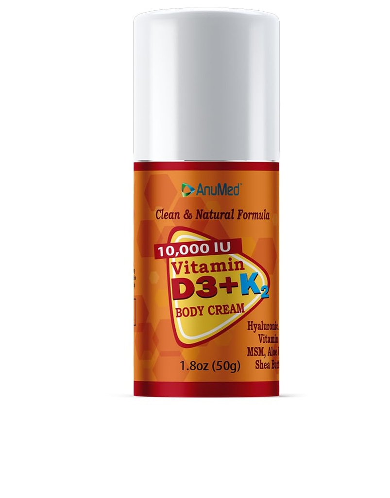 ANUMED - Vitamin D3 med K2 10000 IE Cream + Magnesium + Hyaluronsyra + Vitamin E. Främjar starkare ben, muskler, gemensamma. Maximal Calcium Absorption, Travel Size (1.8oz) (Package May Vary)