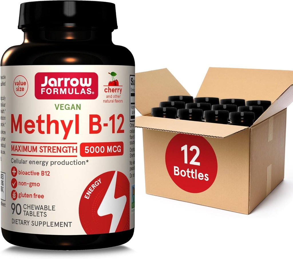 Jarow Formula Maximum Strength Metyyli B-12 5000 mcg Ravintolisä - 90 kirsikka purutablettia - Bioaktiivinen B-12-vitamiini - Tukee solujen energian tuotantoa, uni & aivojen terveys (paketti 12)