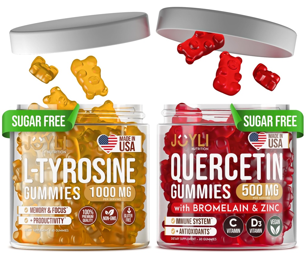 L-tyrosine Gummies + Quercetin Gummies - L Tyrosine Supplement, Quercetin kanssa C-vitamiini - Focus Gummies ja Immuuni tuki Gummies - 60 L-tyrosiini lapsille Gummies, 60 Quercetin kanssa Sinkki Gummies