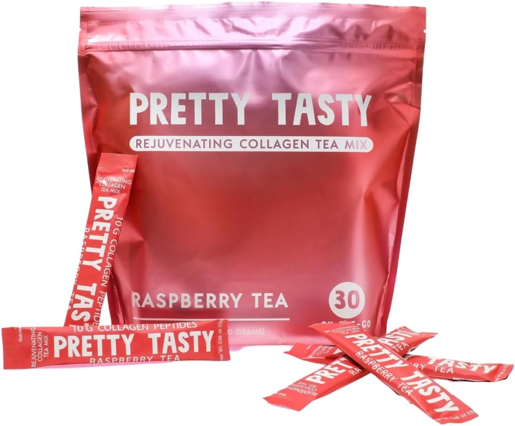 Kaunis vadelma Radiance Collagen Tea - Stick Pack Pouch, Sun-suudelma Vadelma Blend, Kauneus ja hyvinvointi, 10g Collagen Peptides Mix, 30 Count